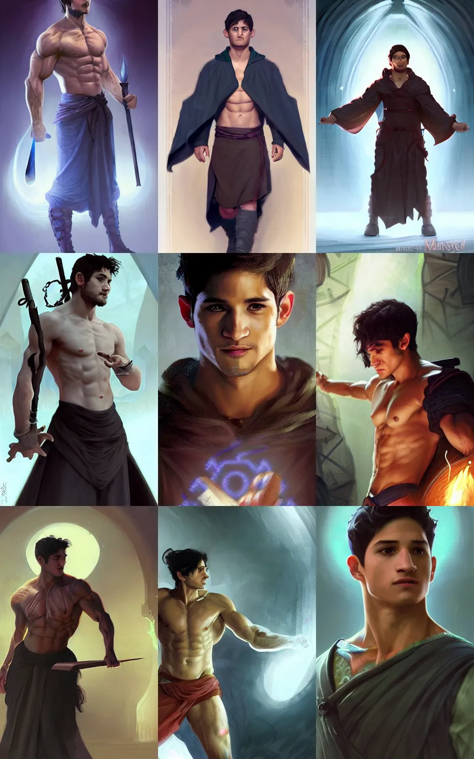 Prompt: character concept portrait of focused Tyler Posey as a wizard enchanting a spell, a floating spell book in the center, muscular, abs, robes, elegant, digital painting, concept art, smooth, sharp focus, illustration, from Metal Gear, by Ruan Jia and Mandy Jurgens and William-Adolphe Bouguereau, Artgerm