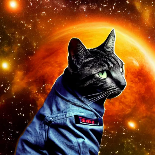 Image similar to ultrarealism, vast spaces, cosmic background, cat in space suit