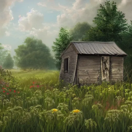 Prompt: a matte painting of a midwestern countryside, shack close up, very overgrown, patchy flowers, oil painting, pale colors, high detail, 8 k, wide angle, trending on artstation,