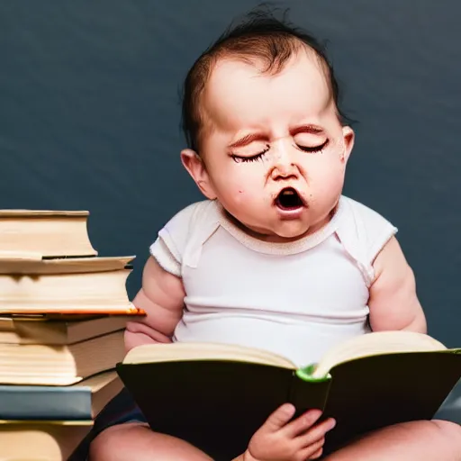 Image similar to baby with a beard crying reading a book