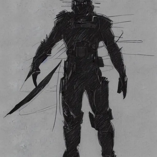 Prompt: concept art for main character in a science fiction action movie, dark and ominous, silhouette, beautiful detailed sketch,