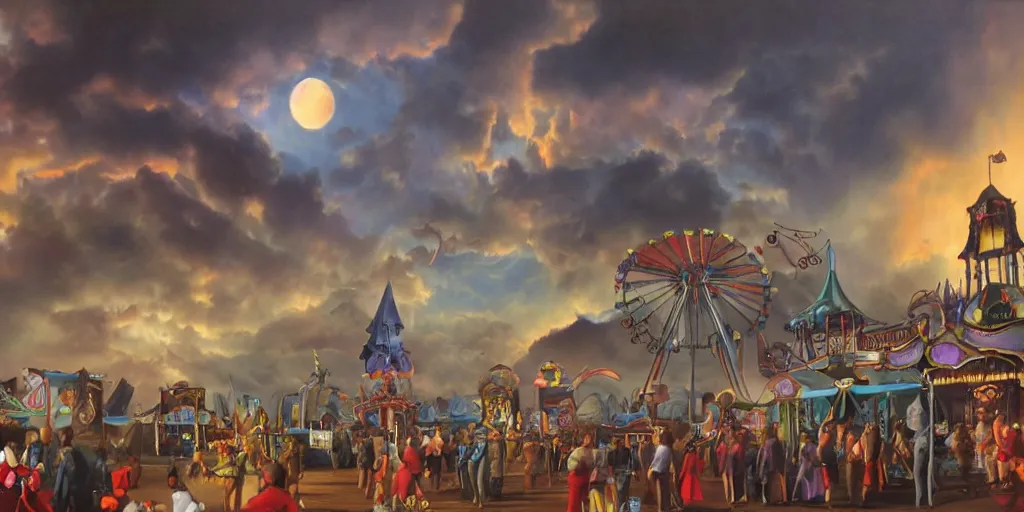 Prompt: a matte painting of an evil haunted carnival with a dramatic sky by rodney mathews