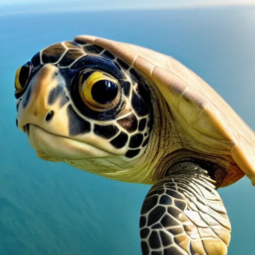 Image similar to hyperrealistic close shot of a turtle paragliding