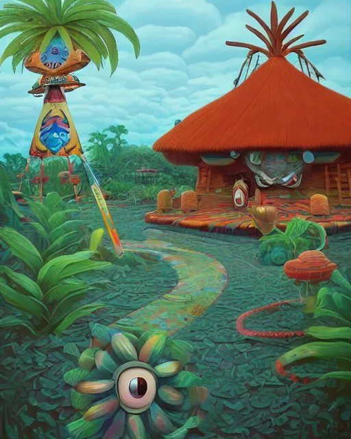 Prompt: a painting of a tribal tiki hut with a totem pole by its side, a surrealist painting by Naoto Hattori, by Beeple, by Makoto Shinkai and Lois van baarle, trending on deviantart, pop surrealism, lowbrow, grotesque, whimsical