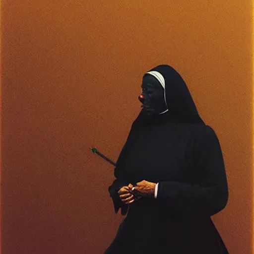 Prompt: a black nun smoking a joint and puffing lots of smoke, by Beksinski, lens flares, minimalistic background