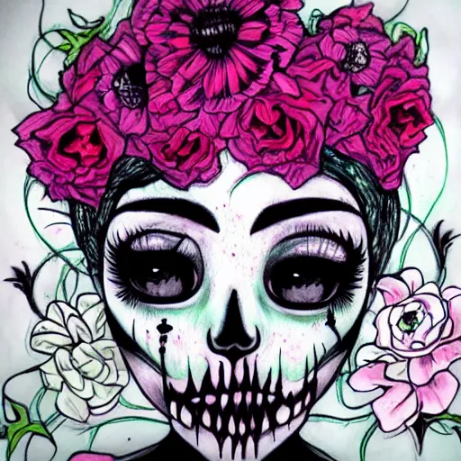 Image similar to tinker bell, horror, skull, flowers, scary, drawn by Harumi Hironaka