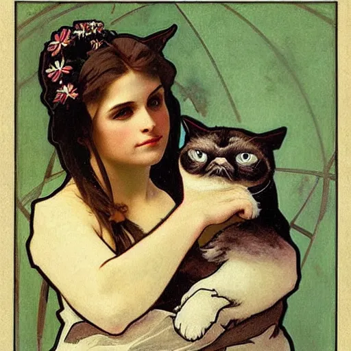 Image similar to “ portrait of george costanza holding grumpy cat, very detailed, by alphonse mucha ”