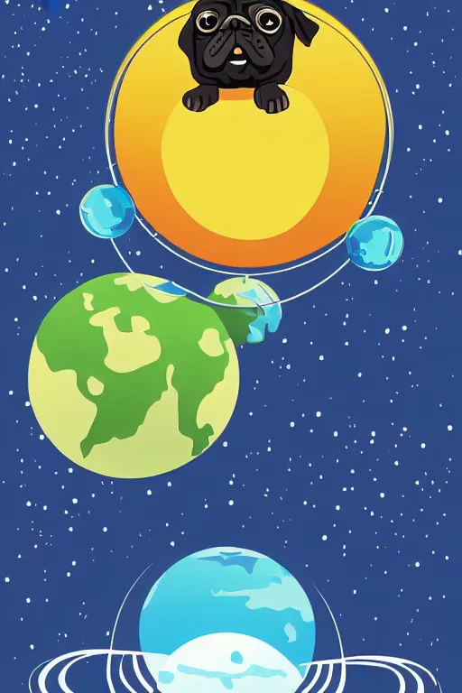 Image similar to planet pug floating in space, art by brian miller, sticker, colorful, illustration, highly detailed, simple, smooth and clean vector curves, no jagged lines, vector art, smooth