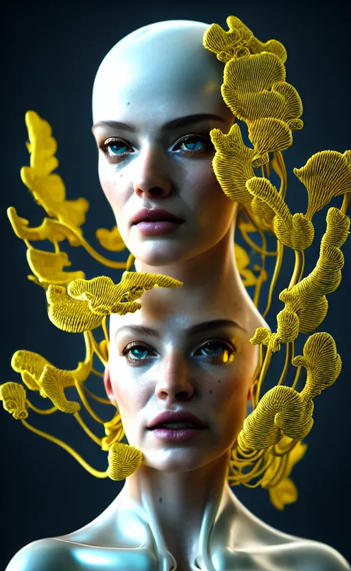Prompt: intricate hyper detailed ultra sharp 3 d render of a beautiful smooth porcelain seductive cyborg woman portrait, medium shot portrait, bright light, alexandre ferra mecha, haute couture deeply cyberpunk art nouveau huge white fractal mycelum and fungi head ornaments, big embroidered leaves filigree spreaded roots, yellow infrared, octane render, volumetric cinematic lighting, 8 k, vray tracing