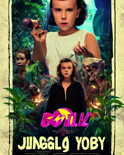 Prompt: Poster of Millie Bobby Brown in a jungle of lightning