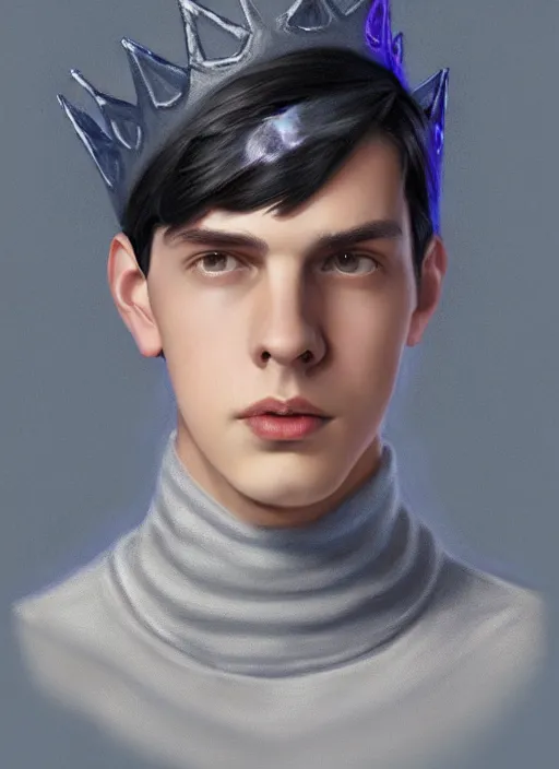 Image similar to portrait of teenage jughead jones wearing a light grey crown, crown, blue turtleneck, closed eyes, photorealistic, black hair, glowing lighting, intricate, elegant, glowing lights, highly detailed, digital painting, artstation, concept art, smooth, sharp focus, illustration, art by wlop, mars ravelo and greg rutkowski