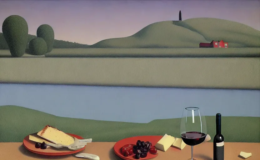 Image similar to an achingly beautiful still life featuring tillamook cheese, and red wine by Raphael, Hopper, and Rene Magritte. detailed, romantic, enchanting, trending on artstation.
