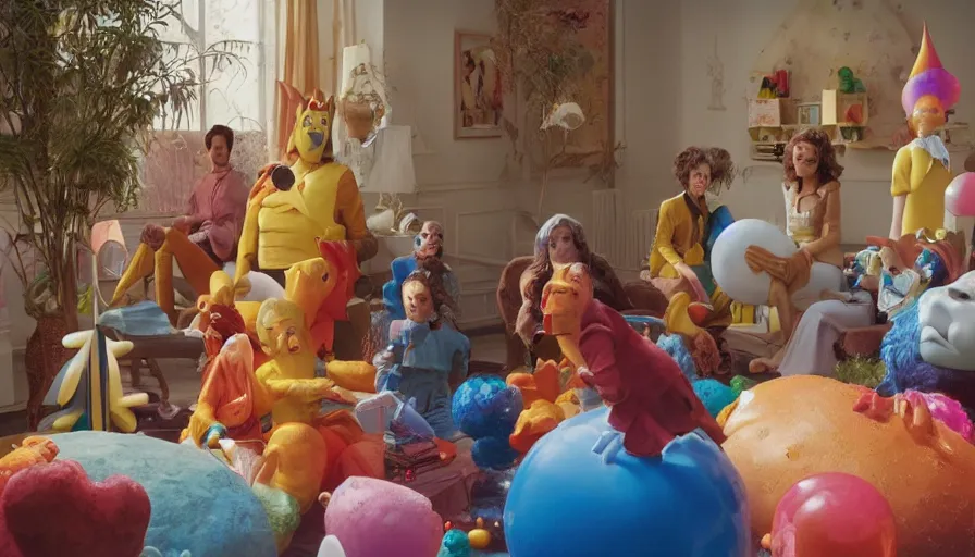 Image similar to movie still by alejandro jodorowsky of a beautiful day in a family living room in suburban usa, visible magic energy, dream creature costumes, floating planets, fish, parade floats, cinestill 8 0 0 t eastmancolor technicolor, high quality, very detailed, heavy grain, fine facial features, 8 k, octane render