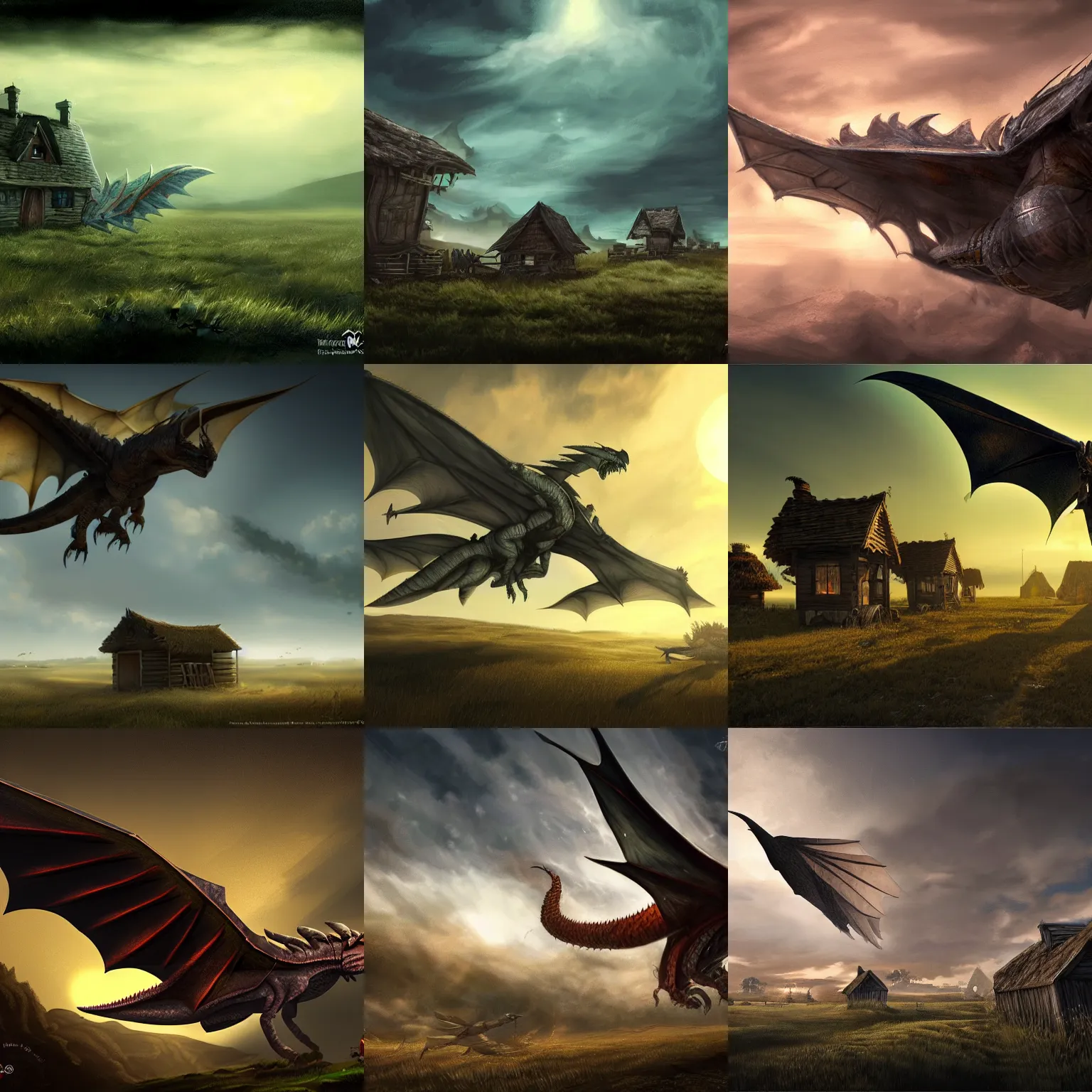 Prompt: a wyvern flying low over huts on a plain, at night, fantasy art, artstation, dnd, dramatic lighting, concept art, 4 k, hyper realistic