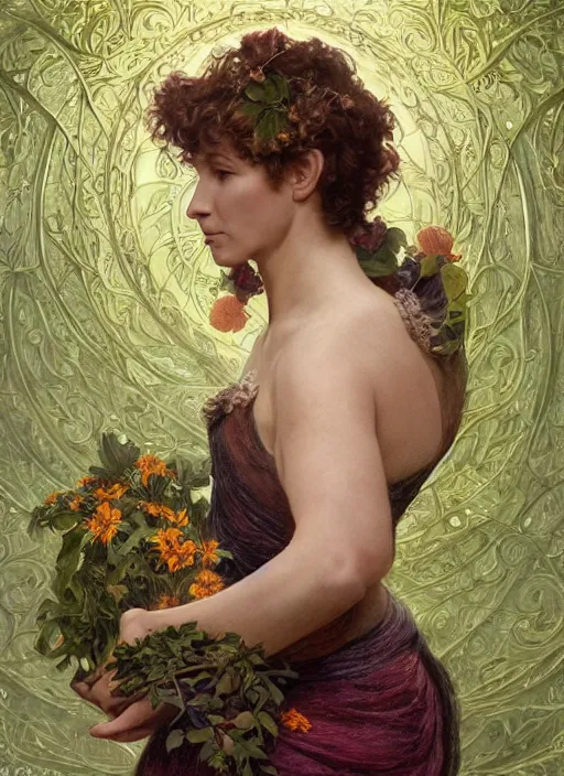 Image similar to emma thompson as an organic vegetable, diffuse lighting, fantasy, intricate, elegant, highly detailed, lifelike, photorealistic, digital painting, artstation, illustration, concept art, smooth, sharp focus, art by john collier and albert aublet and krenz cushart and artem demura and alphonse mucha