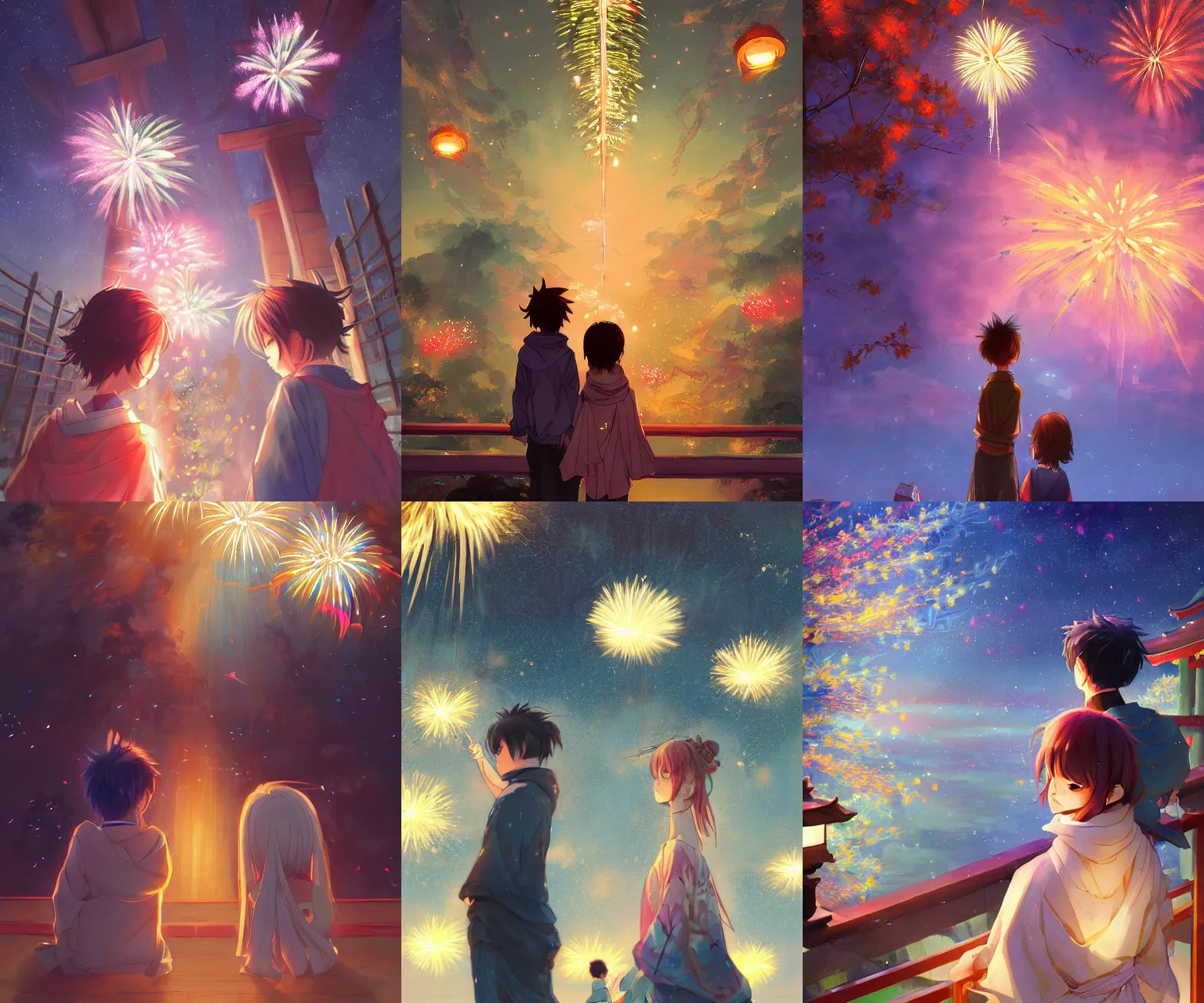 Prompt: beautiful anime painting of a boy and a girl from behind at a shinto shrine looking up at the night sky illuminated by colorful new years fireworks, by WLOP and Mandy Jurgens and rossdraws, trending on artstation, concept art