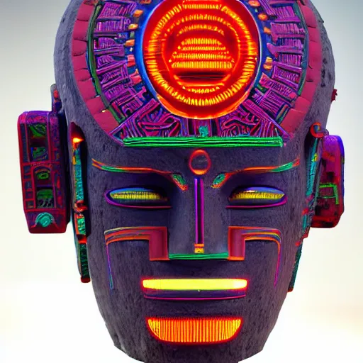 Image similar to claymodel of a cyberpunk aztec futurism robot head, 8 k, symetrical, flourescent colors, halluzinogenic, multicolored, black background