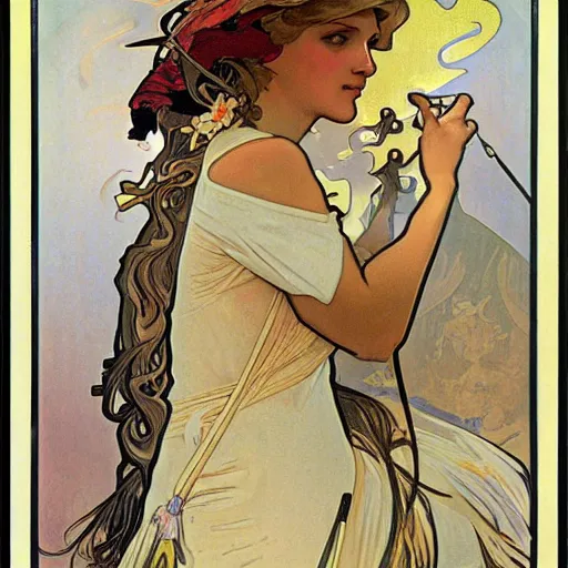 Image similar to A blonde horsewoman by Alphonse Mucha