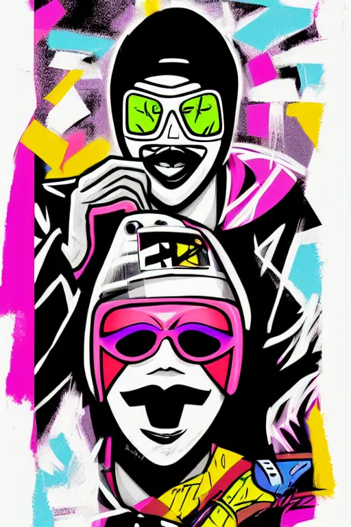 Prompt: masked skateboarder smile on face pop art, pixel, gta vice city art style, face features, body features, ultra realistic art, digital painting, concept art, smooth, sharp focus, illustration, intricate, without duplication, elegant, confident posse, art by mark millar and richard hamilton and mimmo rottela, kirokaze and paul robertson