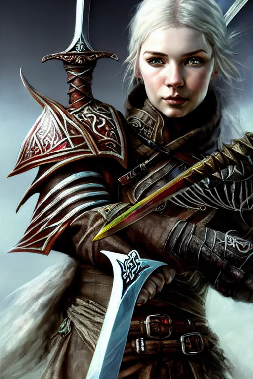 Prompt: Eir Stegalkin holding a sword of Guild Wars 2, concept art, close-up, digital art, hyper-realistic, highly detailed