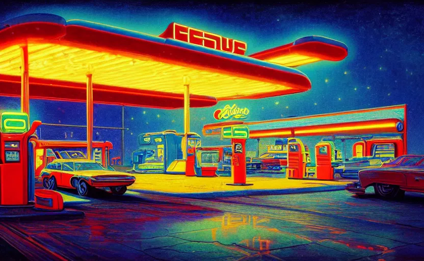 Prompt: Retro future Gas station, illustrated by Moebius and Gaston Bussiere, 35mm lens, beautiful macro close-up imagery, vibrantly lush neon lighting, beautiful volumetric-lighting-style atmosphere, a futuristic atmosphere, intricate, detailed, photorealistic imagery, trending on artstation, 4k, 8k