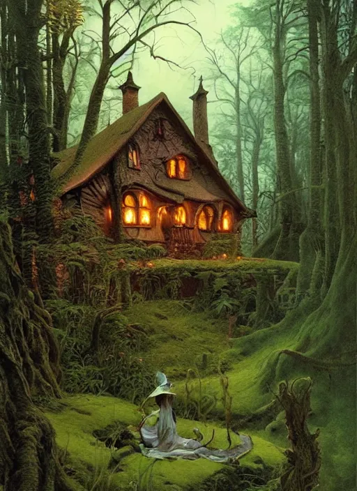 Image similar to hyper realistic witch cottage rococo in the woods gorgeous lighting, highly detailed, lush forest painting by zdzisław beksinski and norman rockwell and greg rutkowskiweta studio, and lucasfilm