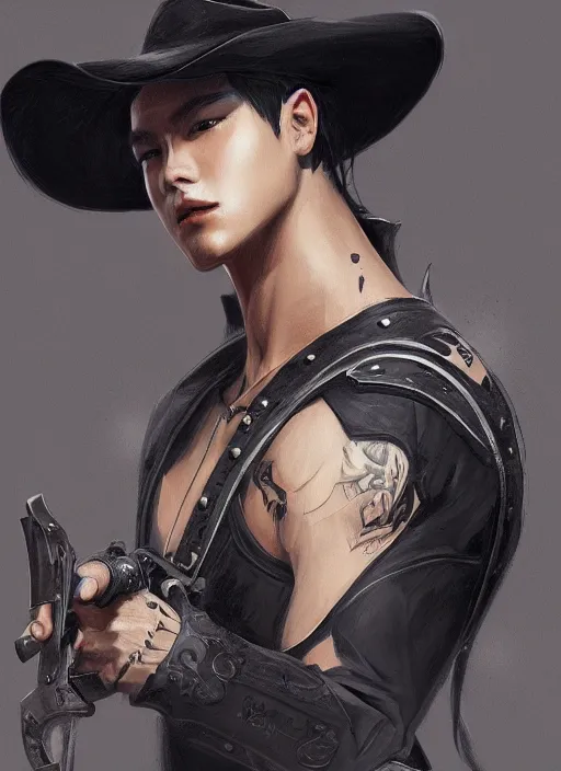 Image similar to a highly detailed illustration of bts v as focused cowboy wearing black cowboy hat, dramatic wielding gun pose, perfect face, intricate, elegant, highly detailed, centered, digital painting, artstation, concept art, smooth, sharp focus, league of legends concept art, wlop
