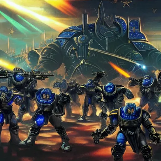 Image similar to Astartes are fighting against space orcs, huge armies, epic battle, a bunch of explosions, bullet tracers, Astartes are very well detailed, orcs are very well detailed, Photo style retro futurism art