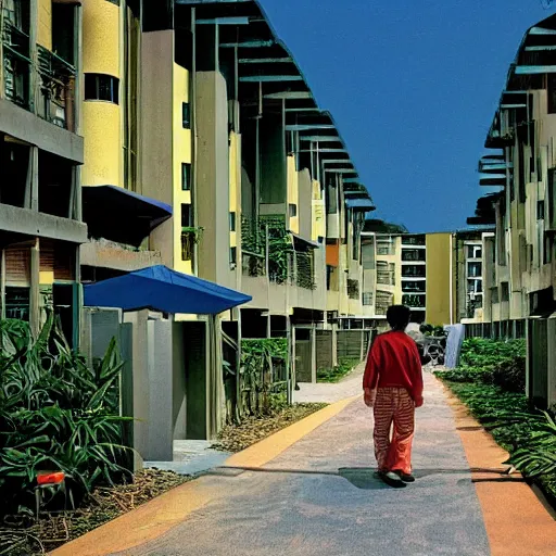 Prompt: walking through a housing estate in singapore, by moebius