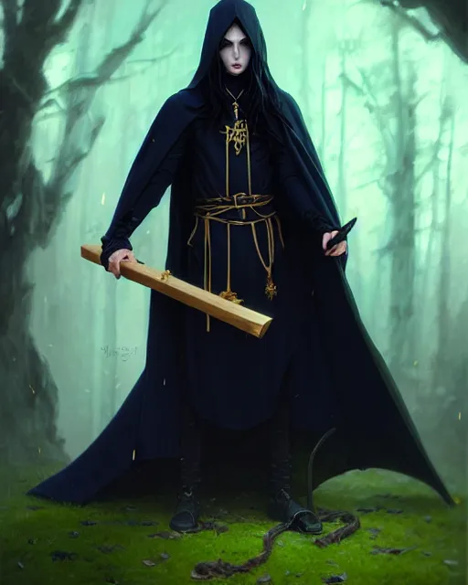 Image similar to handsome mage holding a wooden stave, long black hair wearing gothic navy cloak with gold details, green plants, fantasy character portrait, ultra realistic, anime key visual, full body concept art, intricate details, highly detailed by greg rutkowski, ilya kuvshinov, gaston bussiere, craig mullins, simon bisley
