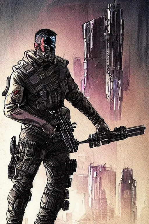 Image similar to ghost. Buff blackops mercenary in near future tactical gear and cyberpunk headset. Blade Runner 2049. concept art by James Gurney and Mœbius.