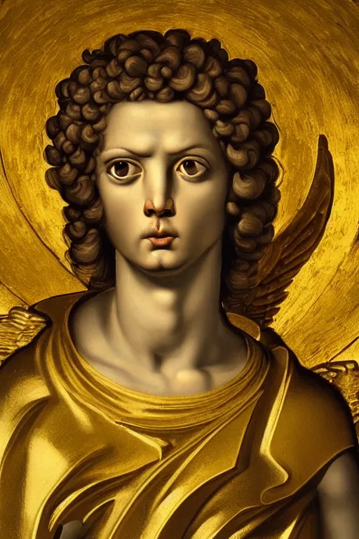 Prompt: archangel Michael, angry face, closeup, ultra detailed, made in gold, Guido Reni style