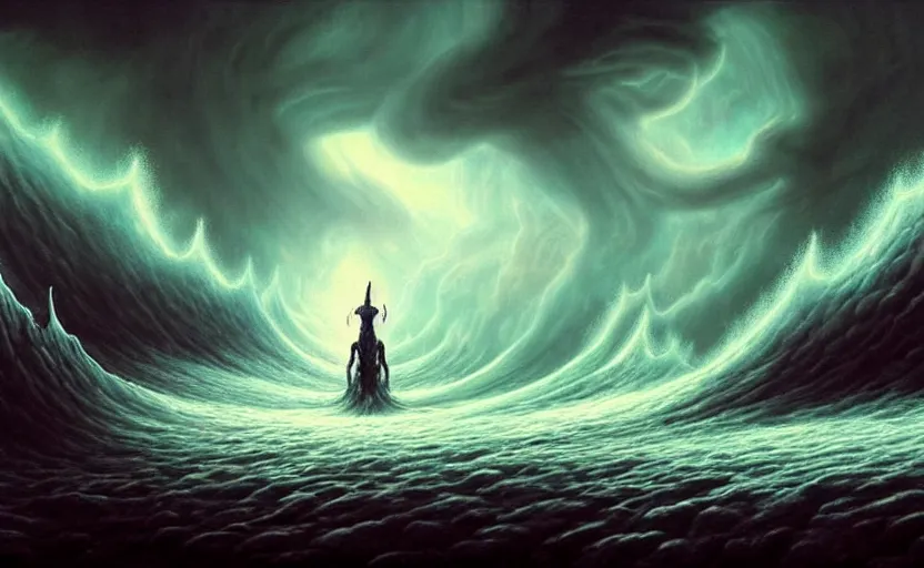 Image similar to beautiful digital fantasy illustration of a demon holding a staff!!, hellish background, a giant wave in the sky, apocalypse art!!!!, apocalypse landscape!!!!!, lovecraftian!!, cosmic horror!!!, concept art by Jarosław Jaśnikowski, a detailed matte painting by Dan Luvisi, cgsociety, fantasy art, highly detailed, soft lighting, rendered in octane, masterpiece, very very very aesthetic