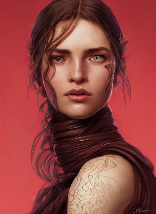 Image similar to vertical portrait of a ruggedly handsome female cleric, soft hair, close - up face, leather, witchy, d & d, fantasy, intricate, elegant, highly detailed, digital painting, artstation, concept art, smooth, sharp focus, illustration, art by artgerm and greg rutkowski and alphonse mucha, plain red background