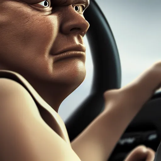 Image similar to close up picture of an angry (((driver))) holding the steering wheel, very vey very detailed face, octane render, trending on artstation, steampunk art