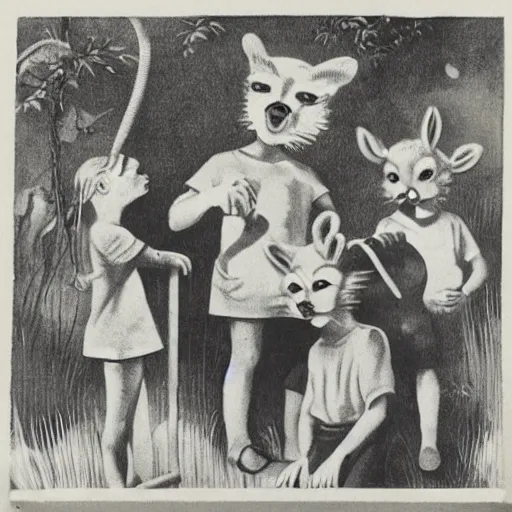 Prompt: vintage artwork of children on a playground wearing different animal masks,