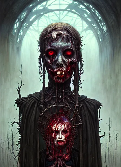 Prompt: portrait of necromancer zombie, hyper detailed masterpiece, dystopian background, jean giraud, digital art painting, darkwave goth aesthetic, lovecraftian, artgerm, donato giancola and tom bagshaw