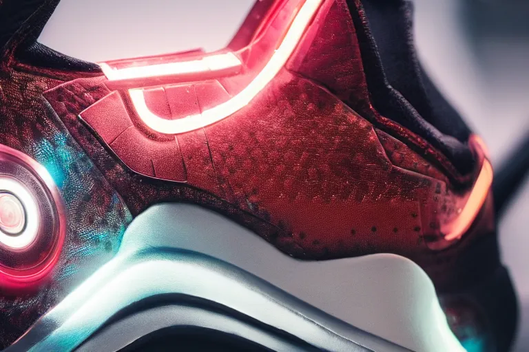 Image similar to mid product still of The New metallic Ironman Nike sneakers with glowing arc reactor swoosh, 4k