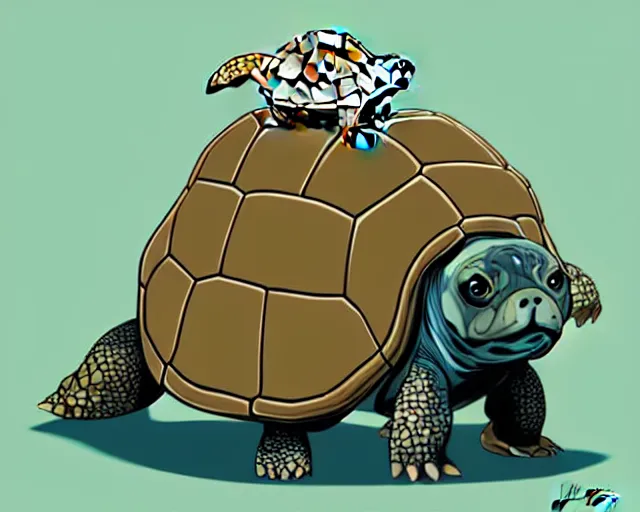 Image similar to cell shaded cartoon of an adorable turtle with a bulldog's head, concept art by josan gonzales and wlop, by james jean, victo ngai, david rubin, mike mignola, deviantart, art by artgem