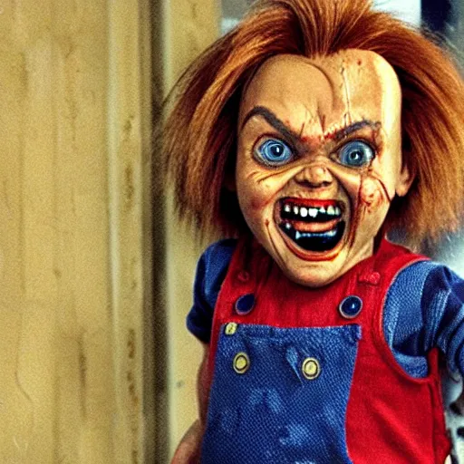 Image similar to chucky doll screaming in too gun movie