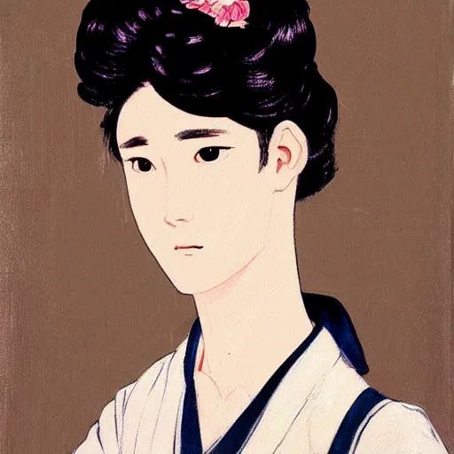 Image similar to painting of grumpy handsome beautiful man in his 2 0 s named min - jun in a french female maid outfit, modern clothing, elegant, clear, painting, stylized, delicate facial features, soft but grumpy, highly detailed, art, art by egon yamamoto