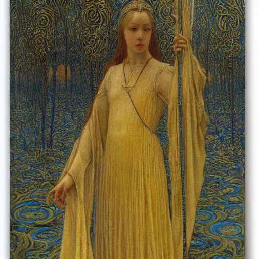 Prompt: beautiful young medieval queen by jean delville, art nouveau, symbolist, visionary