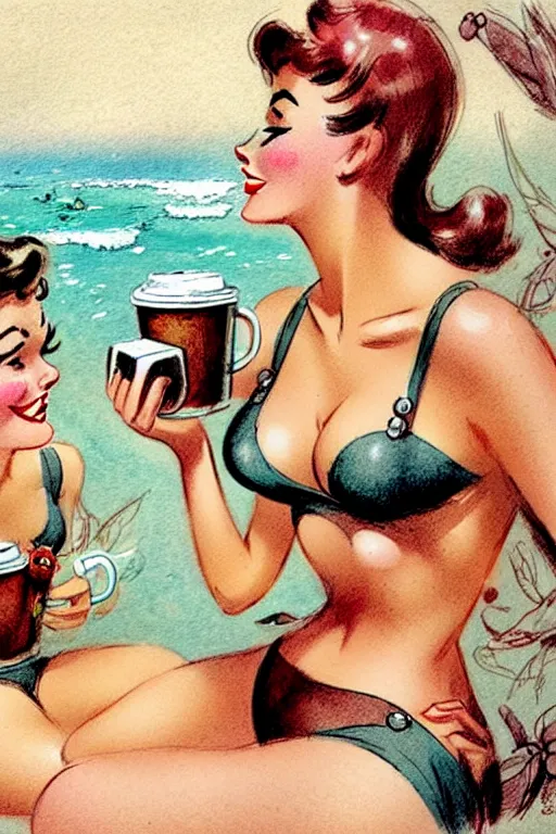 Image similar to 1950s adventure bikini girl drinking coffee with friends, character illustration. muted colors, by Jean-Baptiste Monge