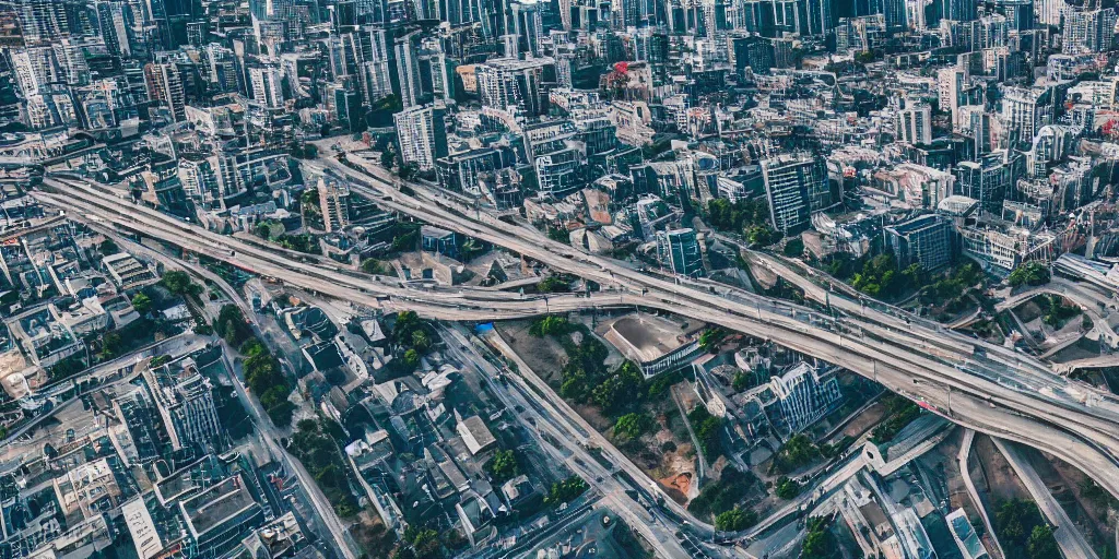 Prompt: drone view of a city with a large road through, Brutalist architecture,sharp focus,telephoto lens,digital art,John J. Park 4k