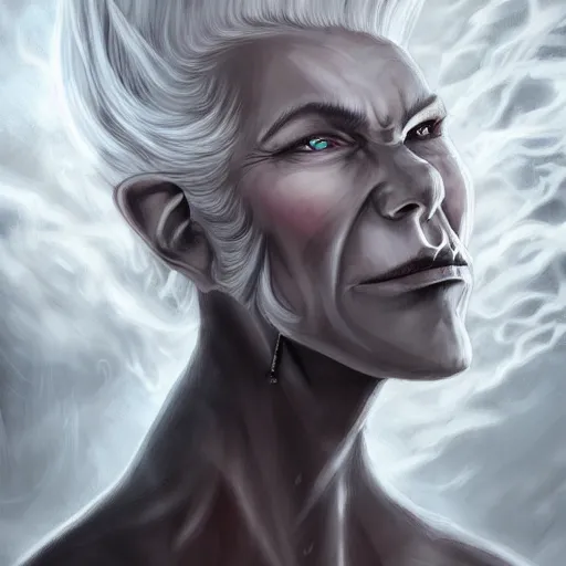 Image similar to beautiful old female dark elf with white hair holding a scroll, storm background, digital painting, detailed, realism, perfect symmetry