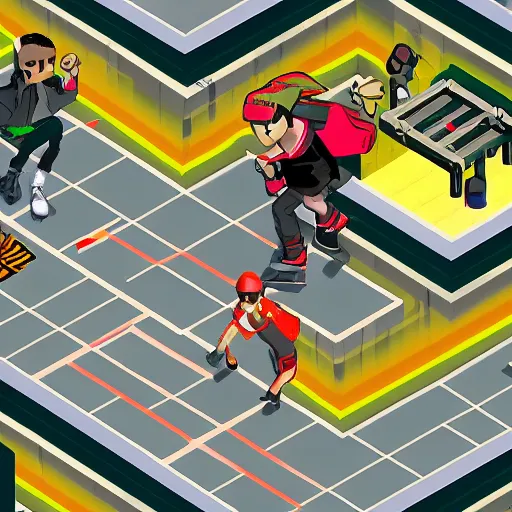 Image similar to isometric action game, punk, jet set radio + mirror's edge, highly detailed