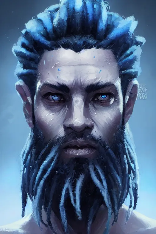 Prompt: portrait of a blue genasi with a square jaw from d & d by greg rutkowski, dreadlocks and small beard, runic rings, d & d character, blue, black background, highly detailed portrait, digital painting, artstation, concept art, smooth, sharp foccus ilustration, artstation hq