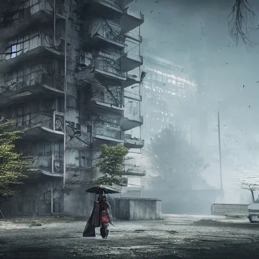 Prompt: samurai staying in front of abandoned hospital in woods, matte painting, hyper realistic render, cryengine, unreal engine, cyberpunk, dark art, digital art