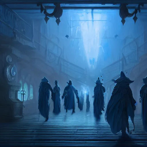 Prompt: D&D fantasy blue ghost spirits floating on a ship lower deck, intricate, elegant, highly detailed, D&D, digital painting, artstation, concept art, matte painting, sharp focus, illustration, glowing light and shadow, atmospheric, shadowy, cinematic, in the style of Greg Rutkowski