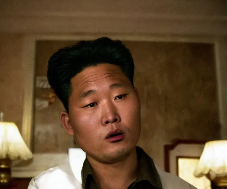 Image similar to hyperralism pineapple express movie still photography of detailed north korean kim chen with detailed face smoking weed in basement bedroom